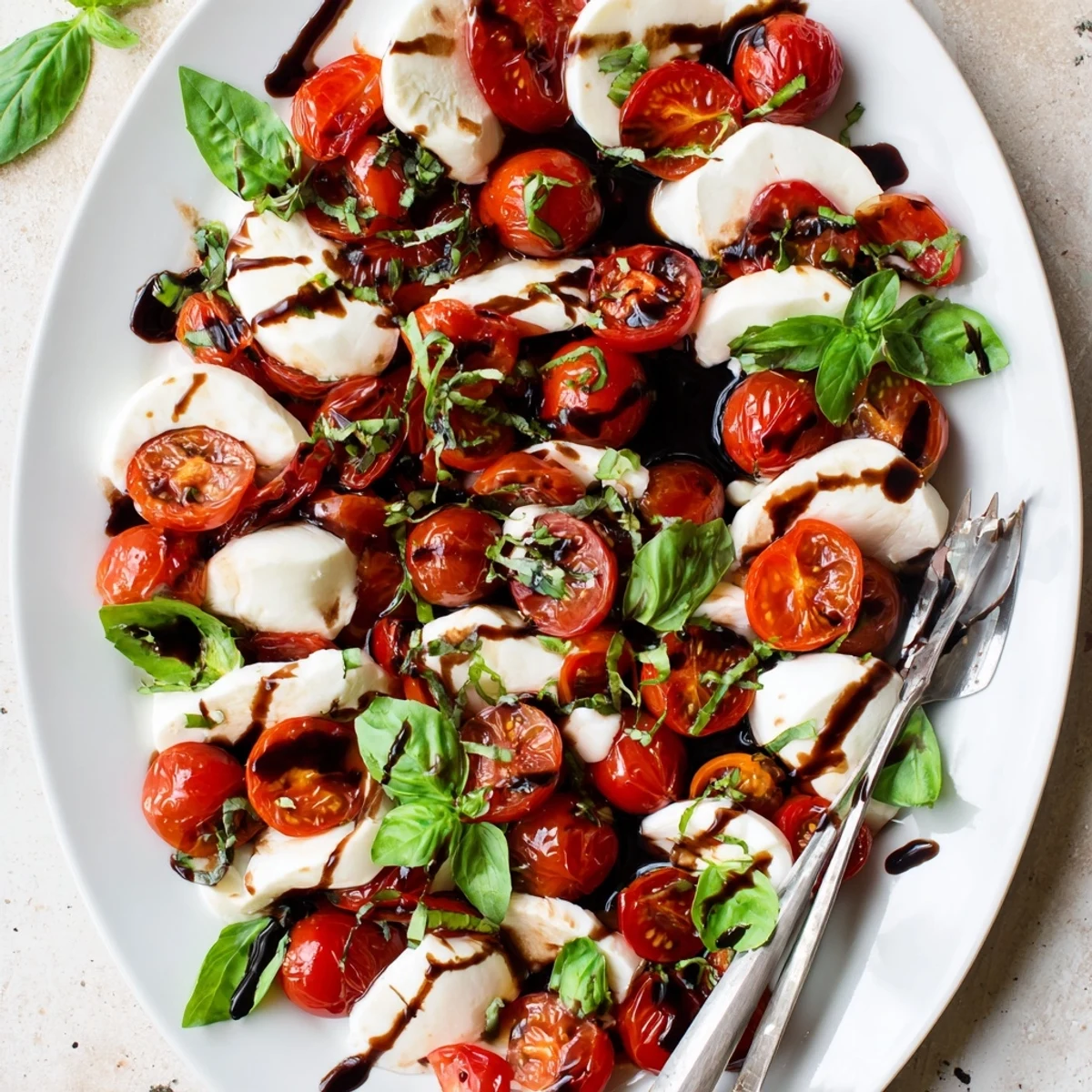 Golden roasted cherry tomatoes nestled with fresh mozzarella and basil leaves drizzled with balsamic glaze in this Roasted Tomato Caprese Salad