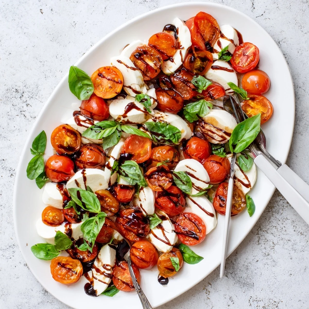 Rustic Italian salad featuring oven-roasted tomatoes arranged alongside soft mozzarella and fresh basil finished with balsamic drizzle Roasted Tomato Caprese Salad