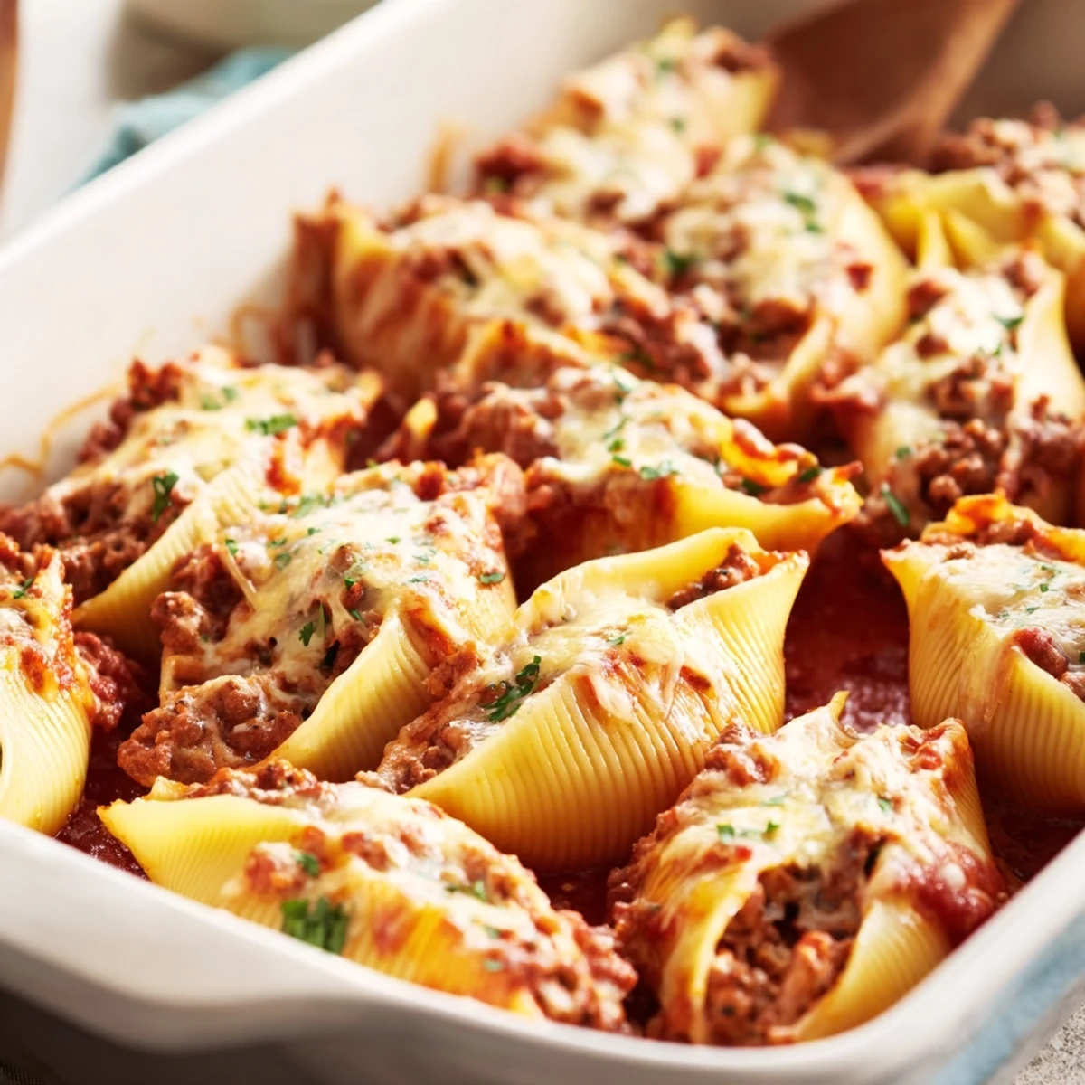 Golden cheesy beef stuffed shells baked in creamy tomato sauce with ricotta