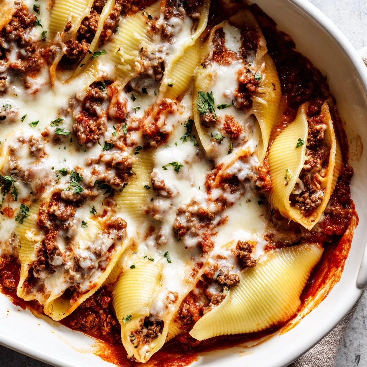 Jumbo pasta shells filled with savory beef ricotta mixture topped with melted mozzarella