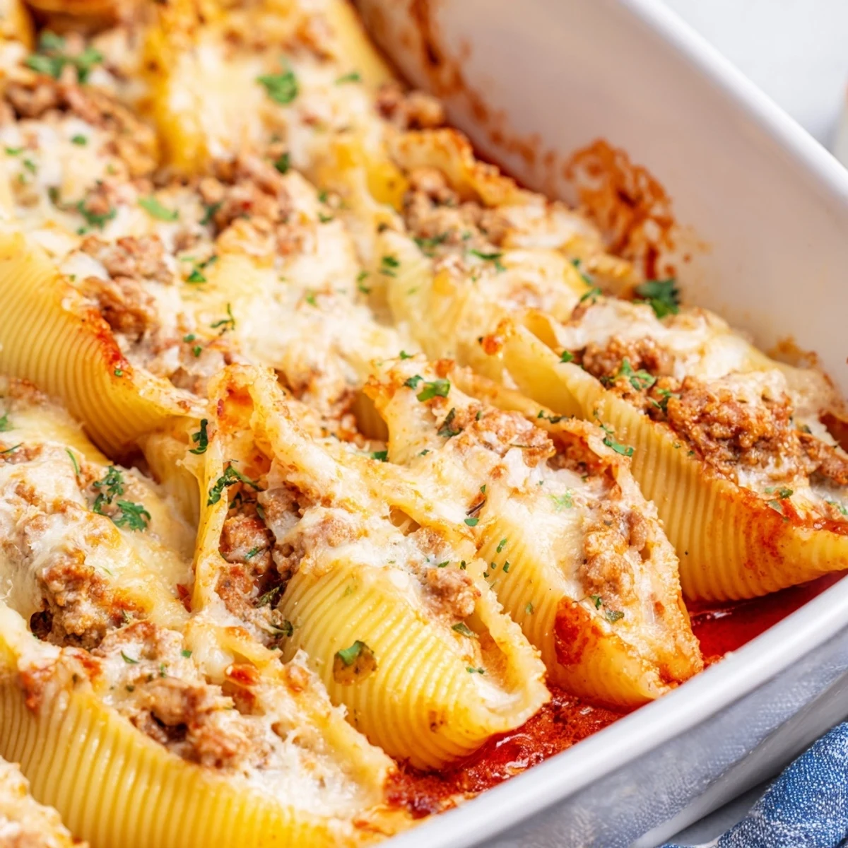 Creamy beef stuffed shells recipe with tender pasta in rich marinara sauce baked