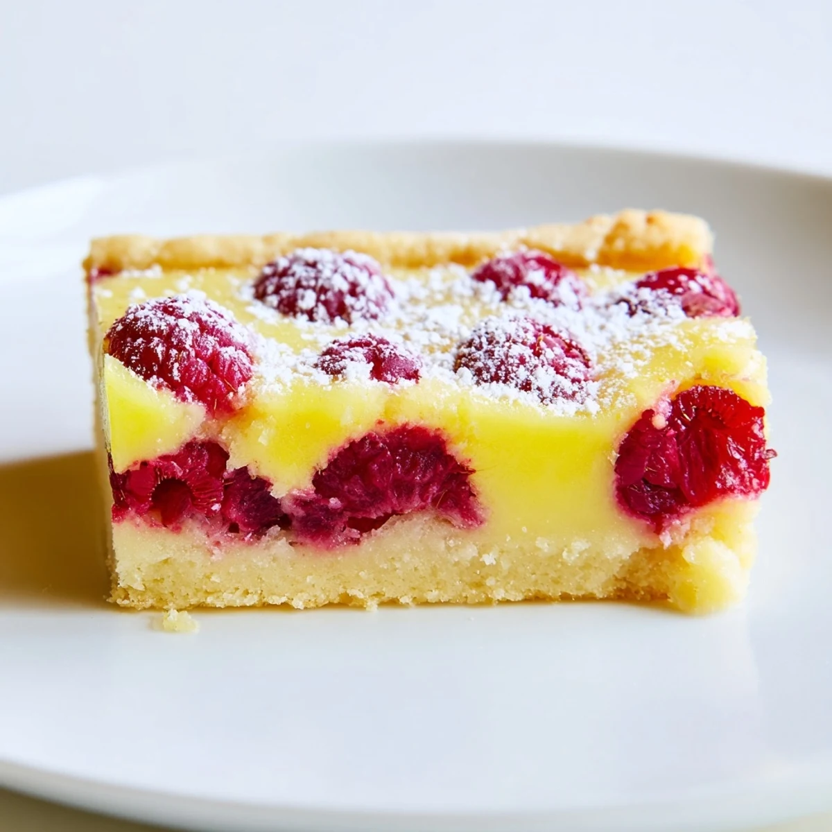 Golden lemon raspberry bars featuring buttery shortbread crust topped with vibrant red berries and tangy lemon layer dusted with powdered sugar
