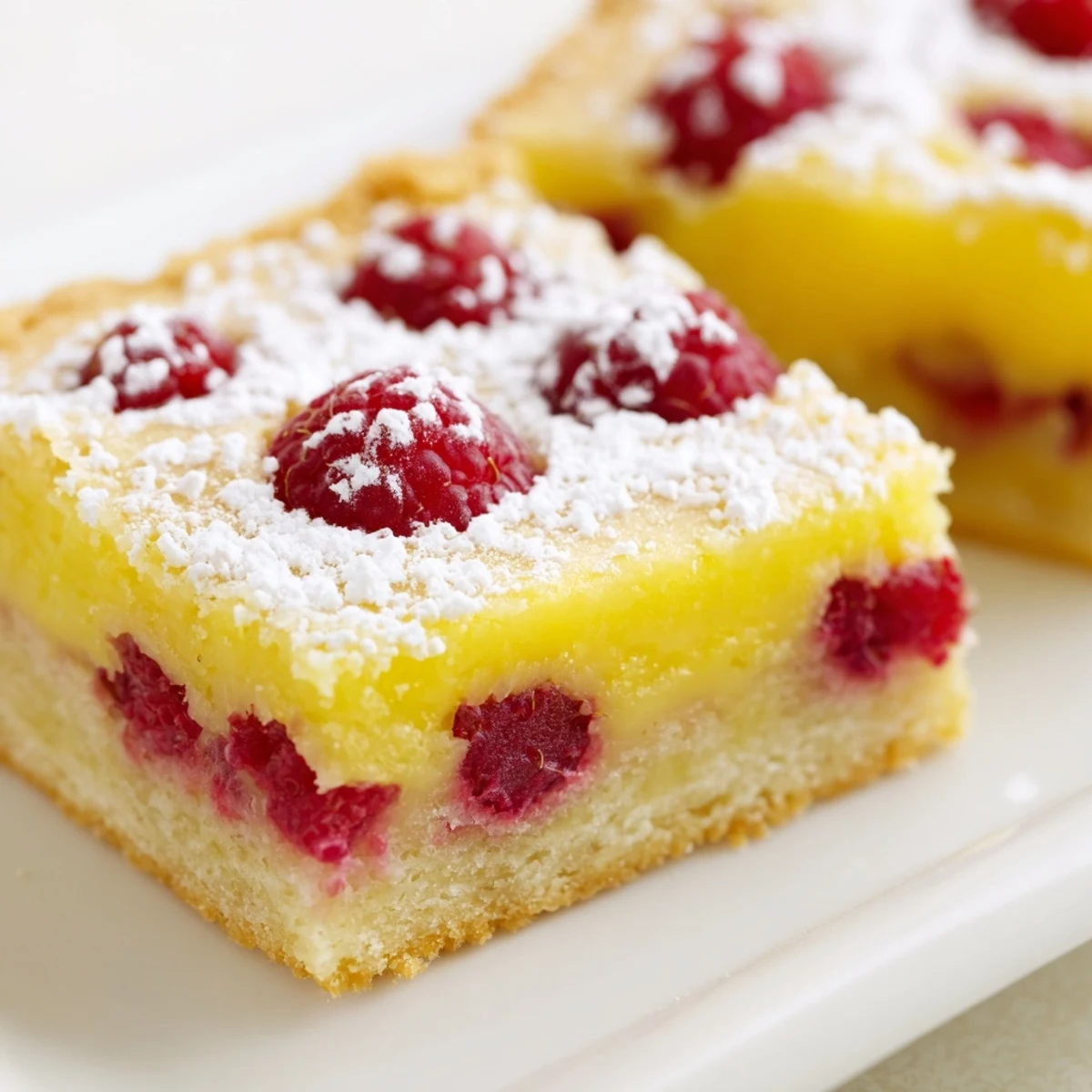 Fresh baked lemon raspberry bars cut into squares revealing luscious fruit filling nestled on golden buttery shortbread crust