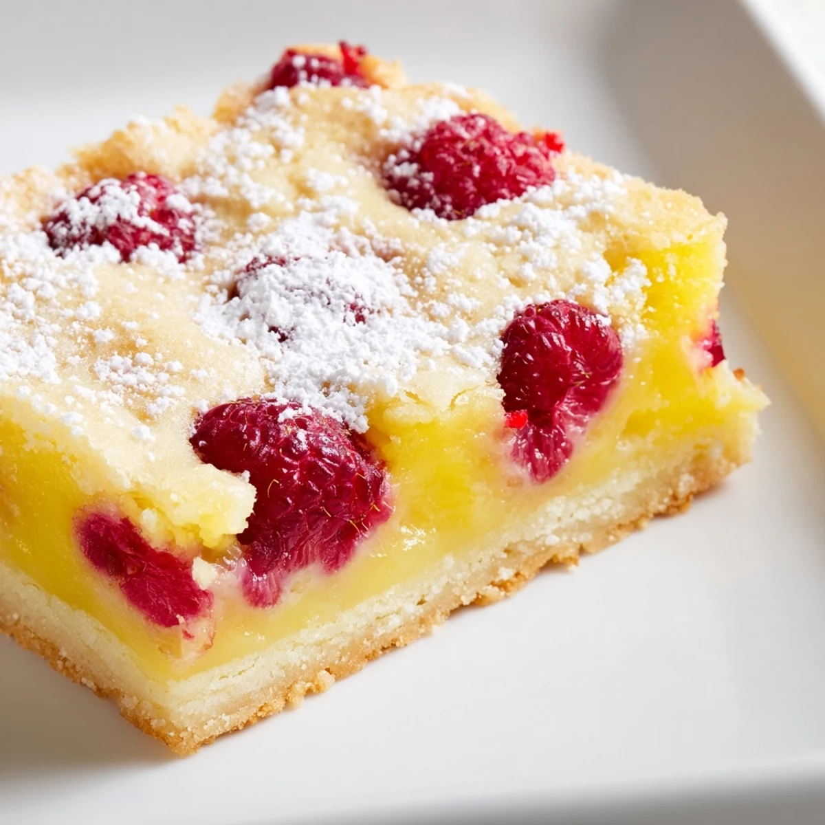 Homemade lemon raspberry bars on white plate with powdered sugar topping showing bright red raspberries swirled into creamy yellow lemon curd
