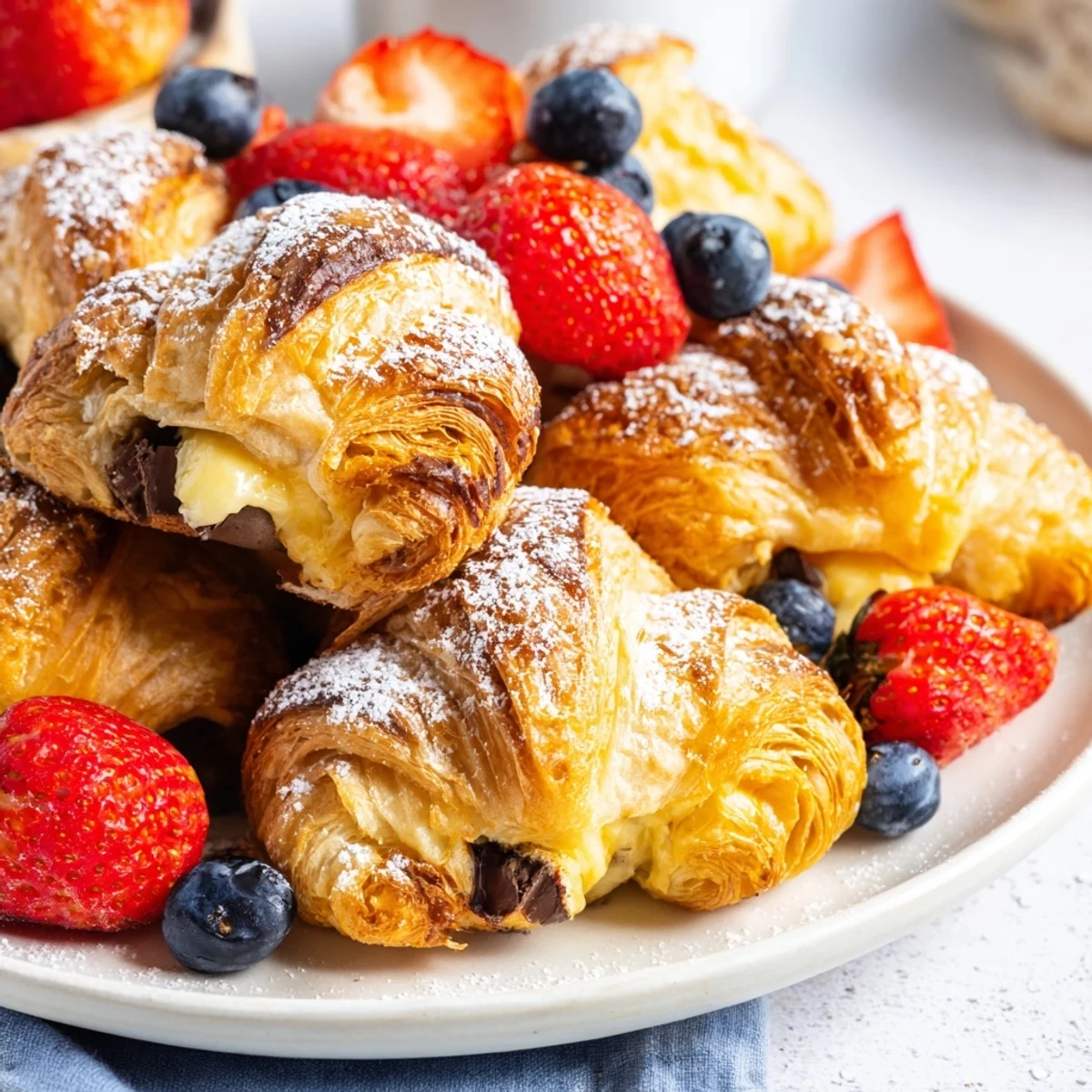 Golden chocolate croissant breakfast bake with melted chocolate chips and buttery pastry layers