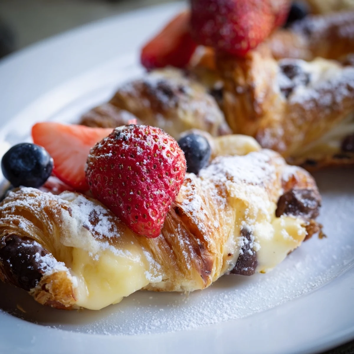 French-inspired chocolate croissant breakfast bake casserole with golden custard and rich chocolate chunks