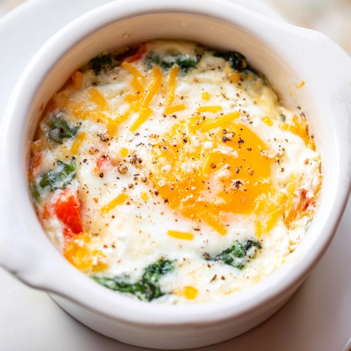 Golden baked cottage cheese eggs with melted cheese topping in individual ramekins