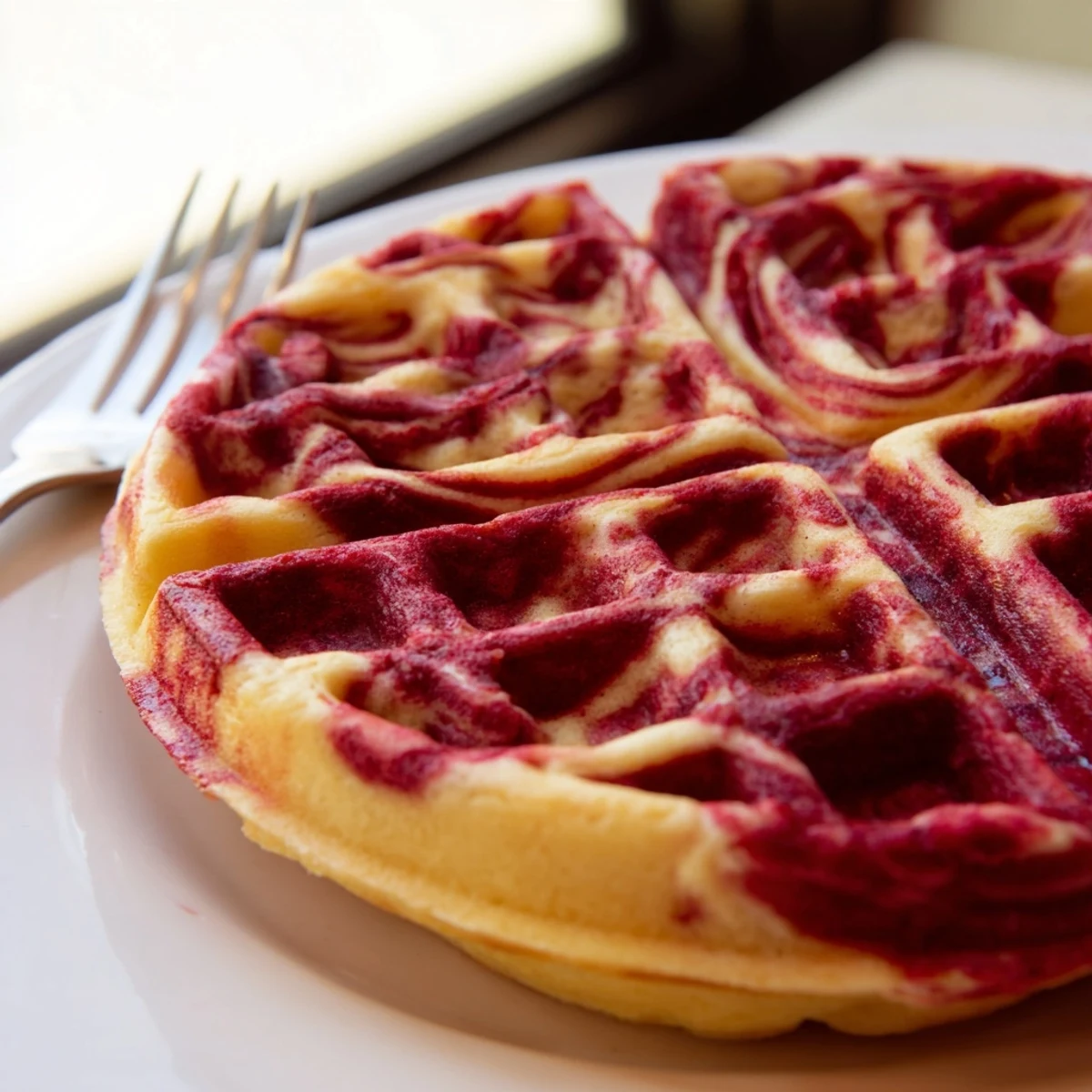 Crispy red velvet marble waffles featuring beautiful red and vanilla batter swirls drizzled with warm maple syrup