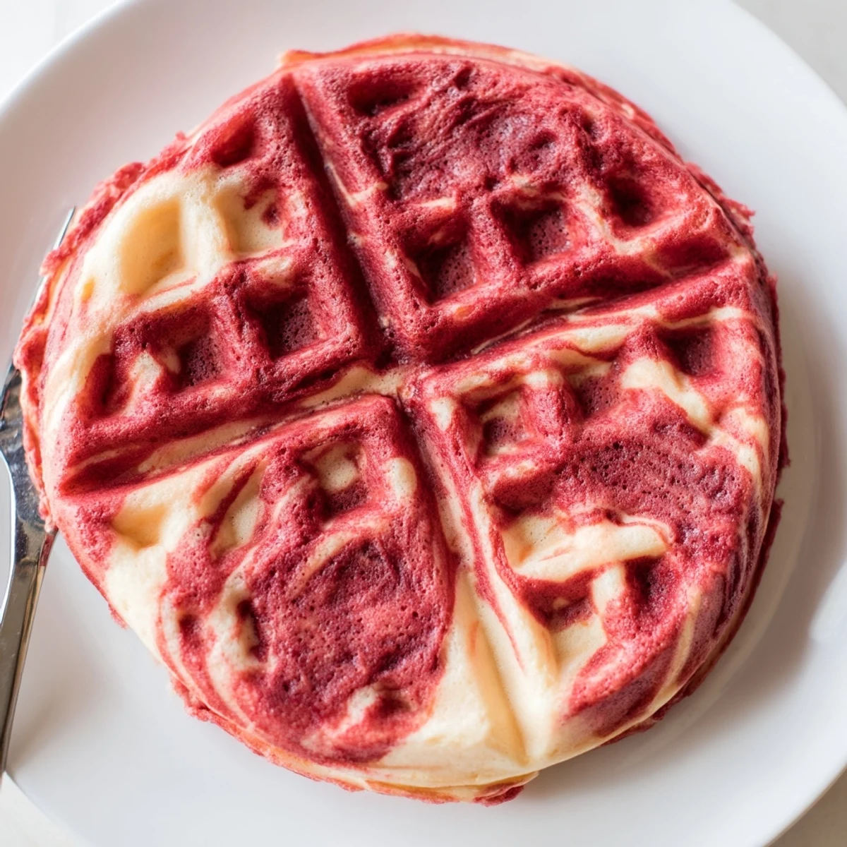 Golden red velvet marble waffles with swirling vanilla patterns topped with fresh berries and cream cheese glaze