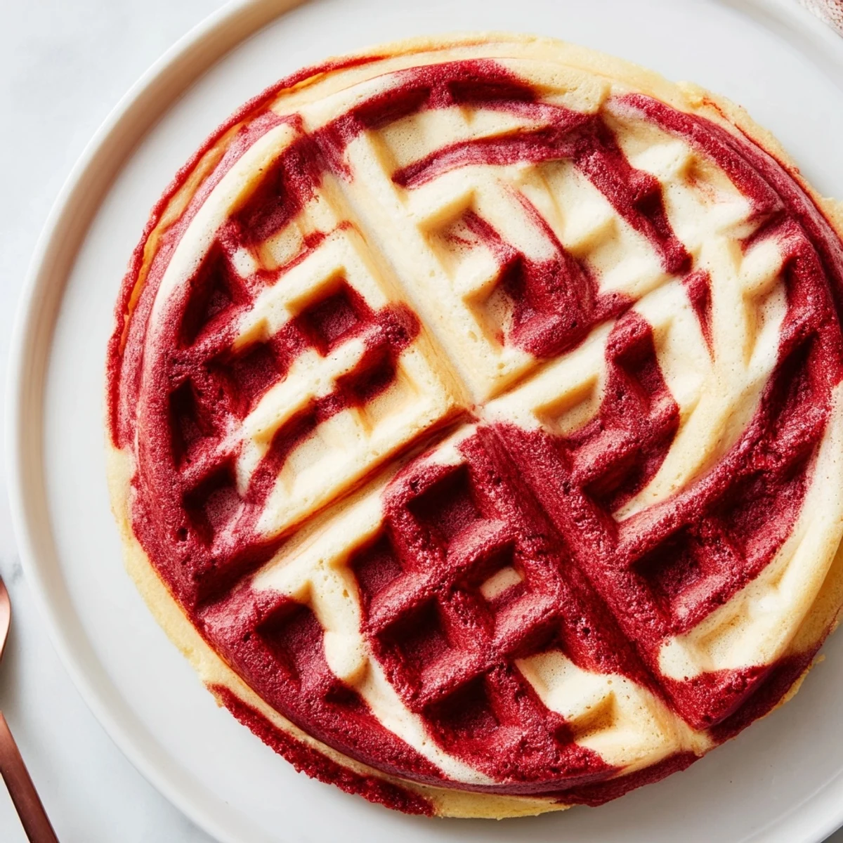 Decadent red velvet marble waffles stacked high showing off marbled patterns with whipped cream and strawberries