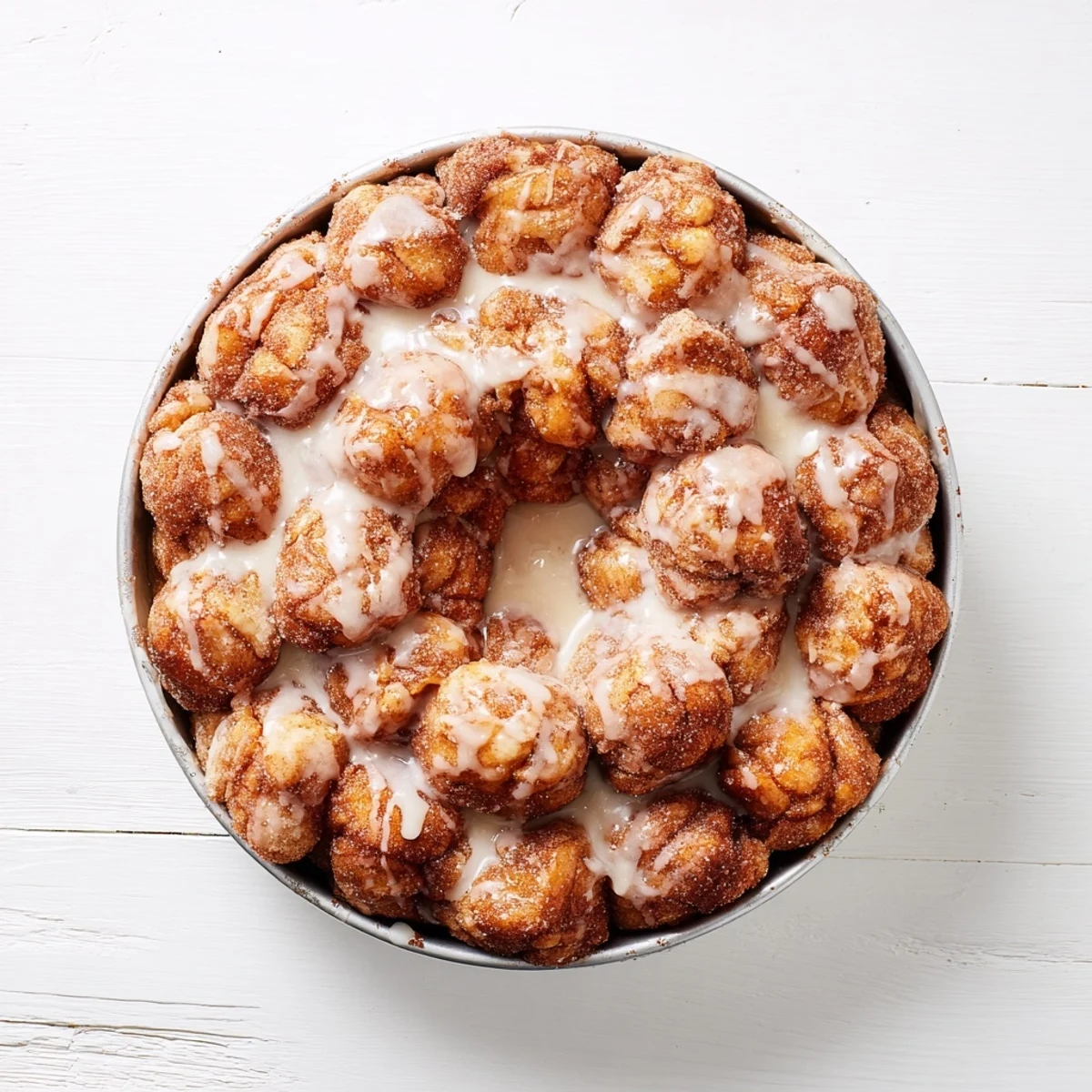 Golden high protein no sugar monkey bread with cinnamon coating and drizzled vanilla glaze