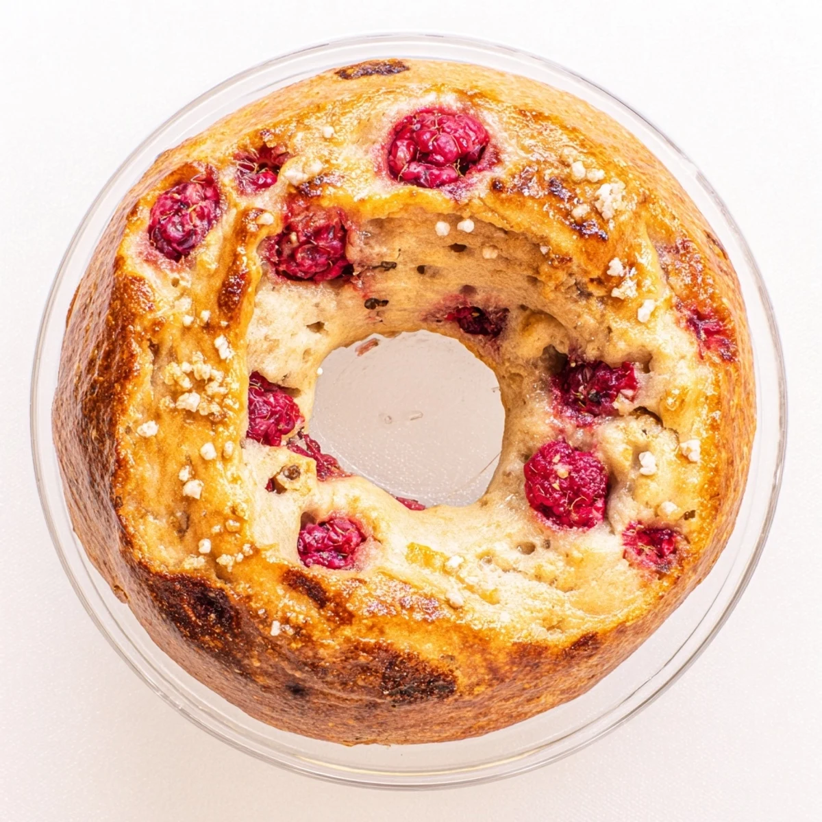Golden brown sourdough bagels flecked with juicy raspberries on a wooden cutting board