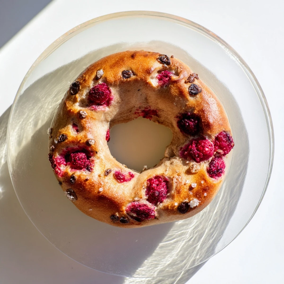 Homemade raspberry sourdough bagels sliced open revealing chewy texture and vibrant fruit swirls