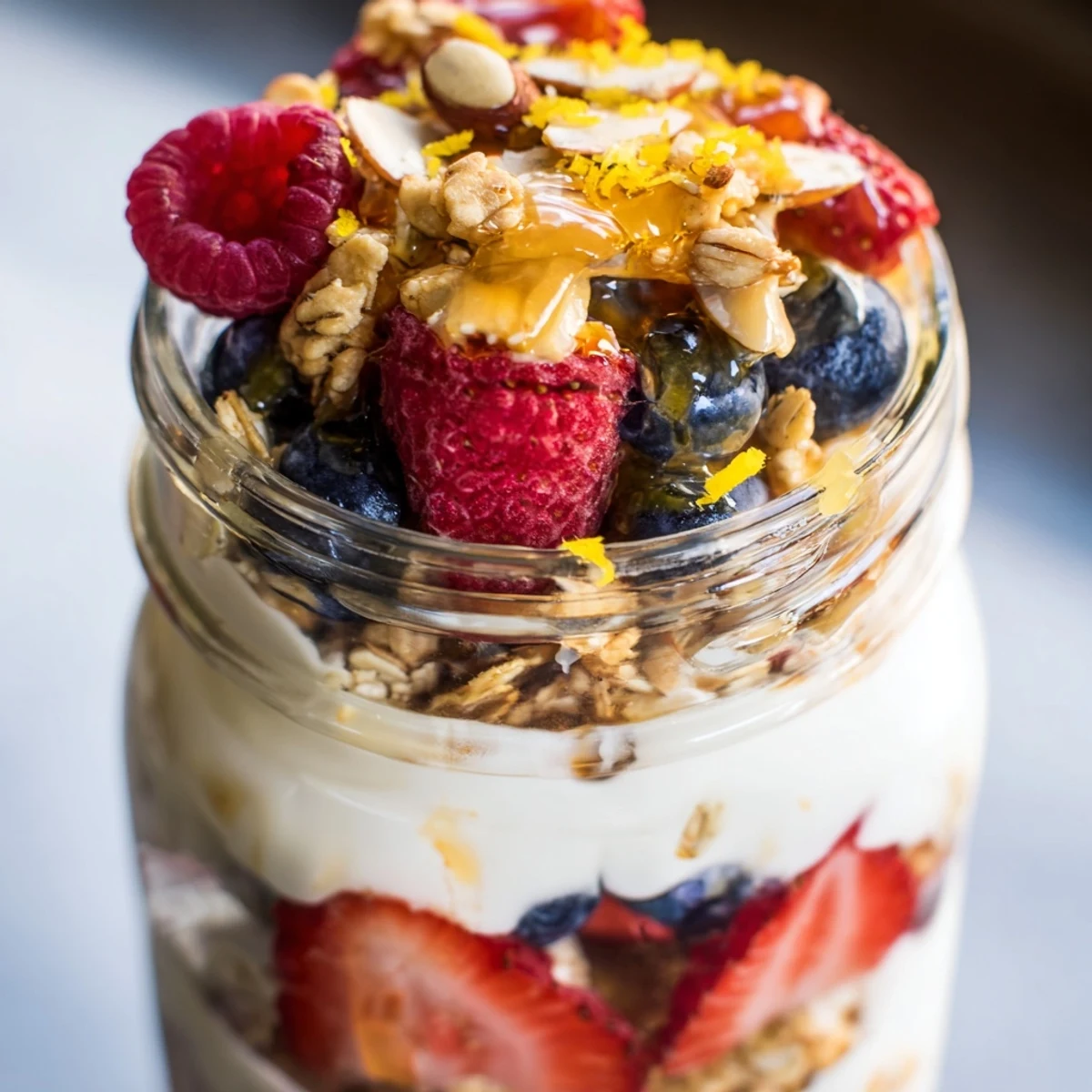 Creamy Greek yogurt parfait layered with fresh berries and crunchy granola in a glass