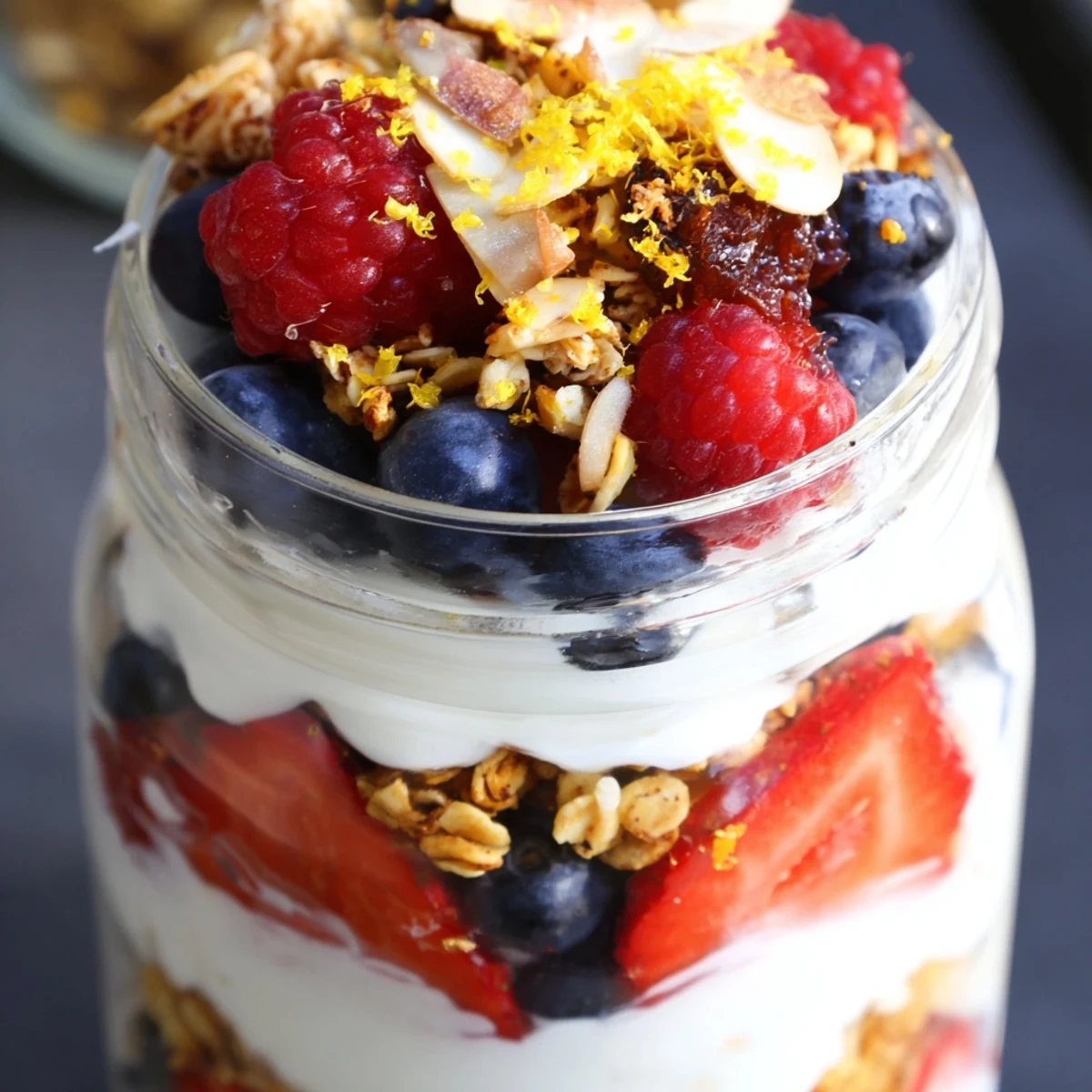 Greek yogurt parfait topped with vibrant mixed berries and golden honey drizzle