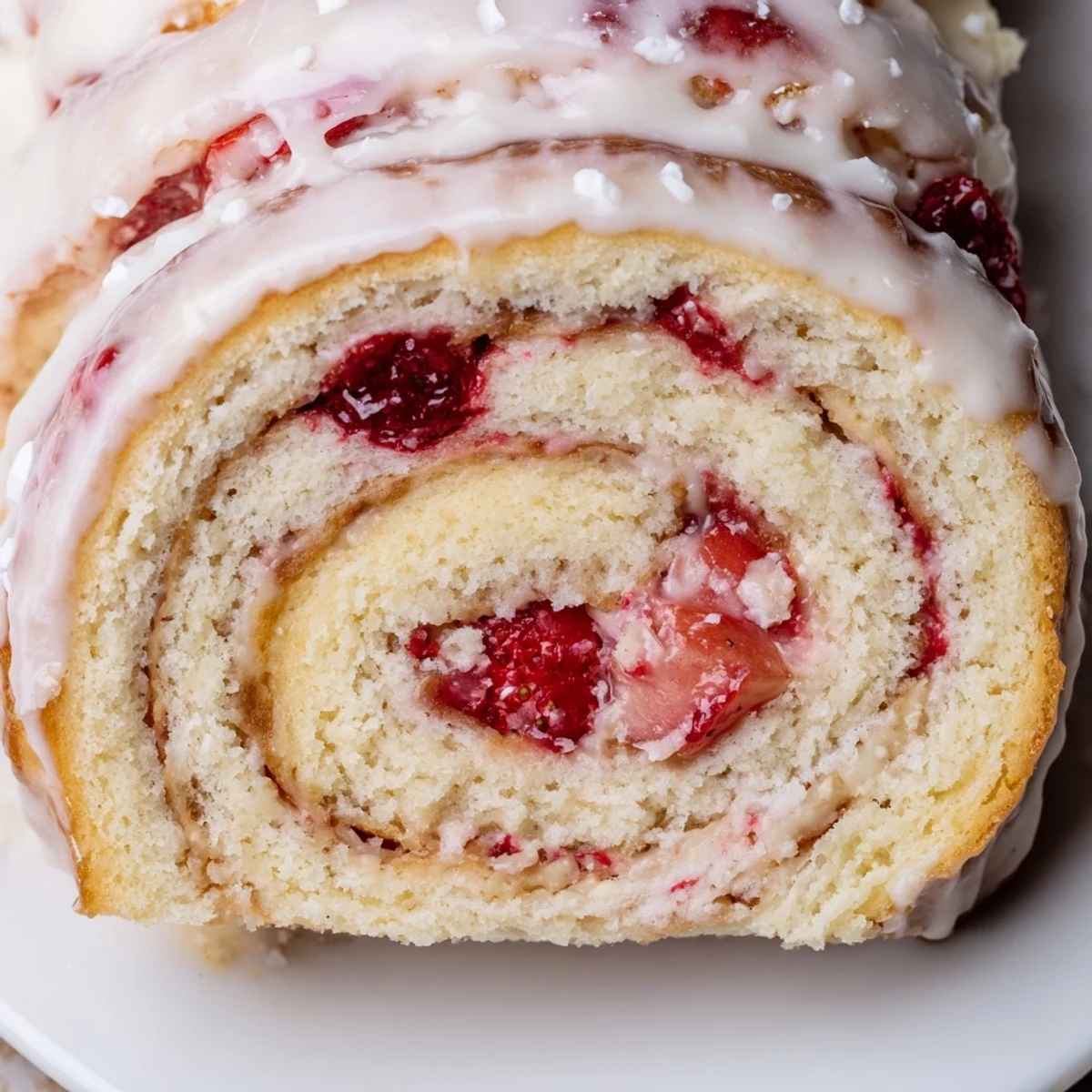 Golden Strawberry Shortcake Cheesecake Rolls drizzled with sweet vanilla glaze on rustic white plate
