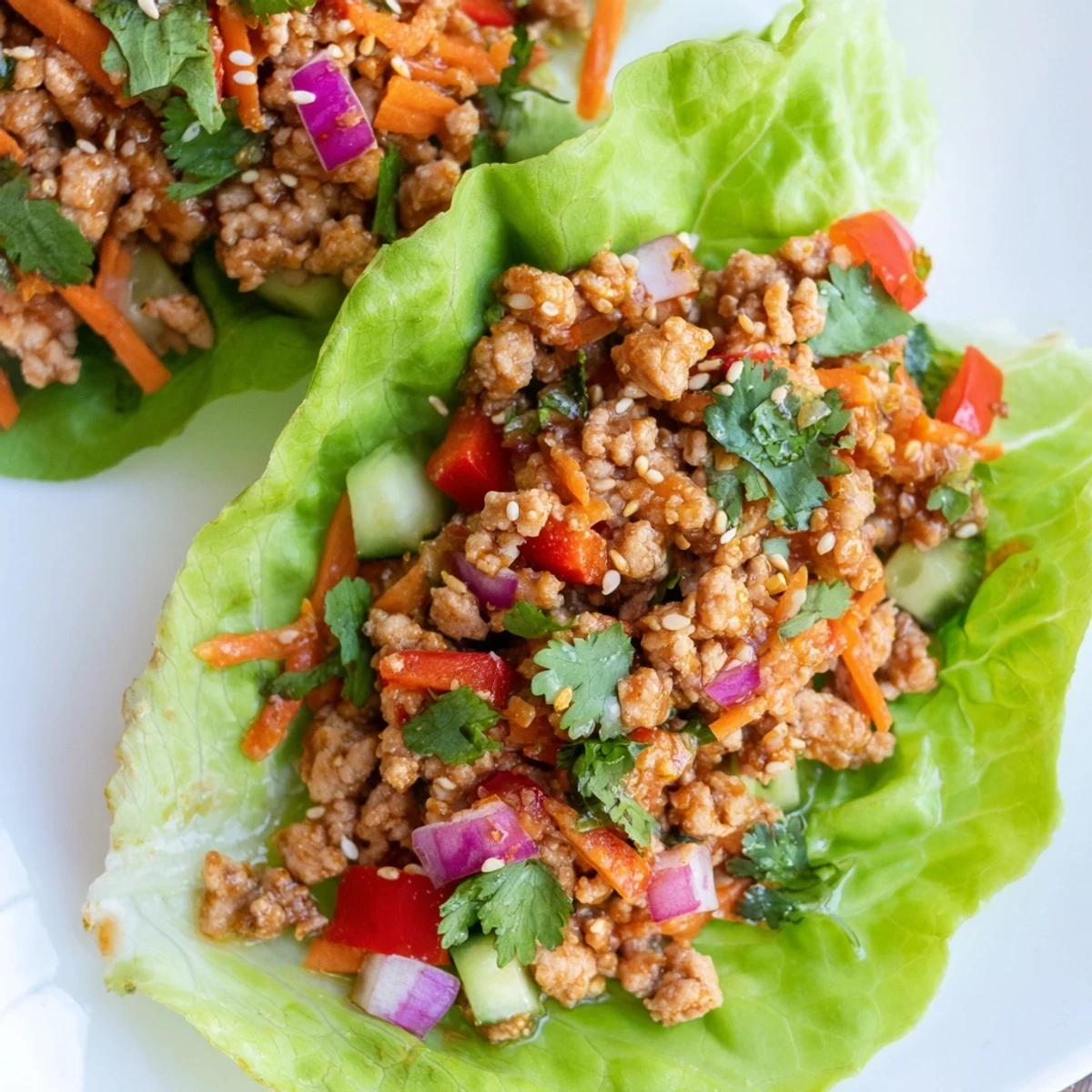 Seasoned ground turkey served in crisp lettuce cups topped with sesame seeds and cilantro