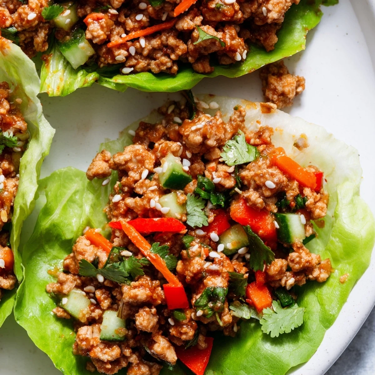 Crisp romaine leaves filled with savory healthy ground turkey lettuce wrap bowls and fresh vegetables