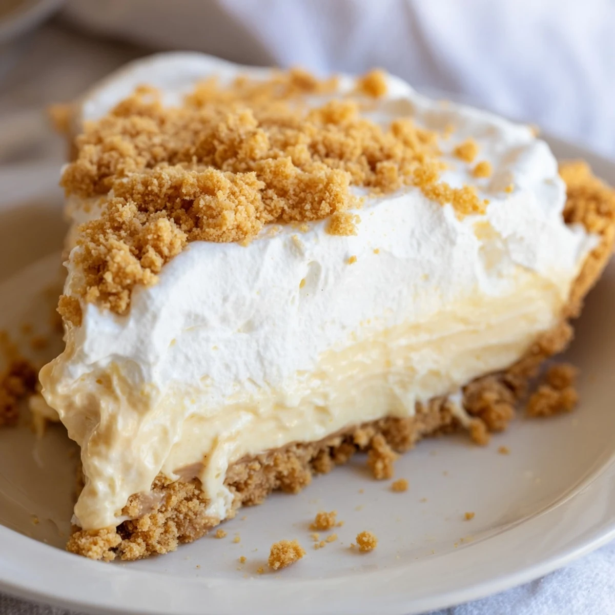 Creamy Amish Peanut Butter Dream Pie topped with fluffy whipped cream and golden crumbs
