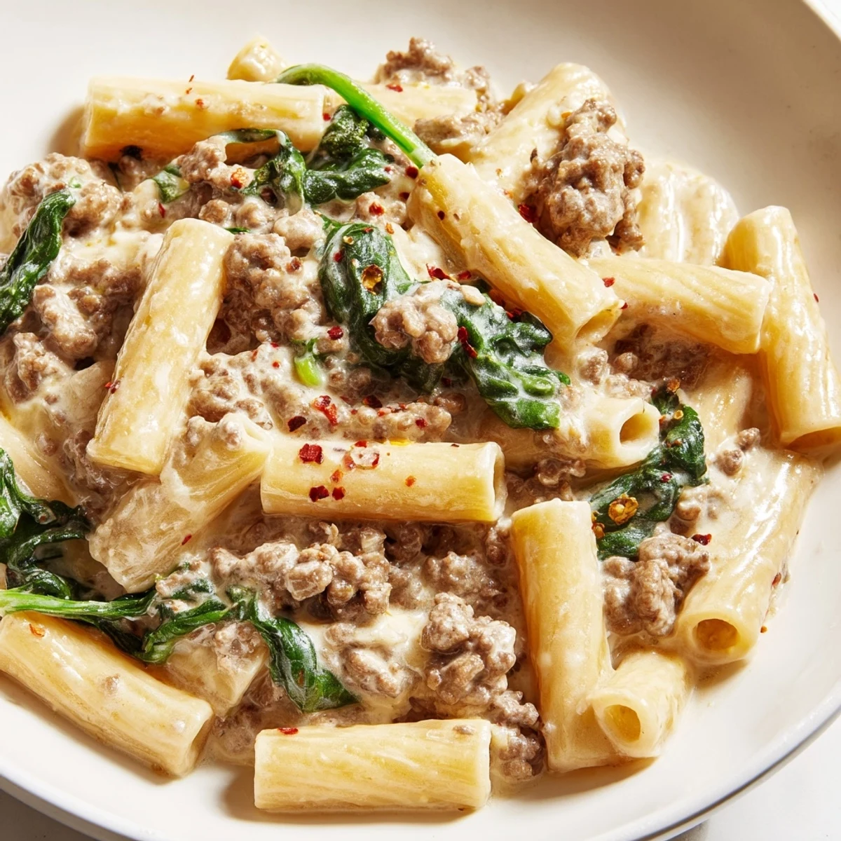 Creamy high protein beef pasta in a white bowl with parmesan and fresh herbs