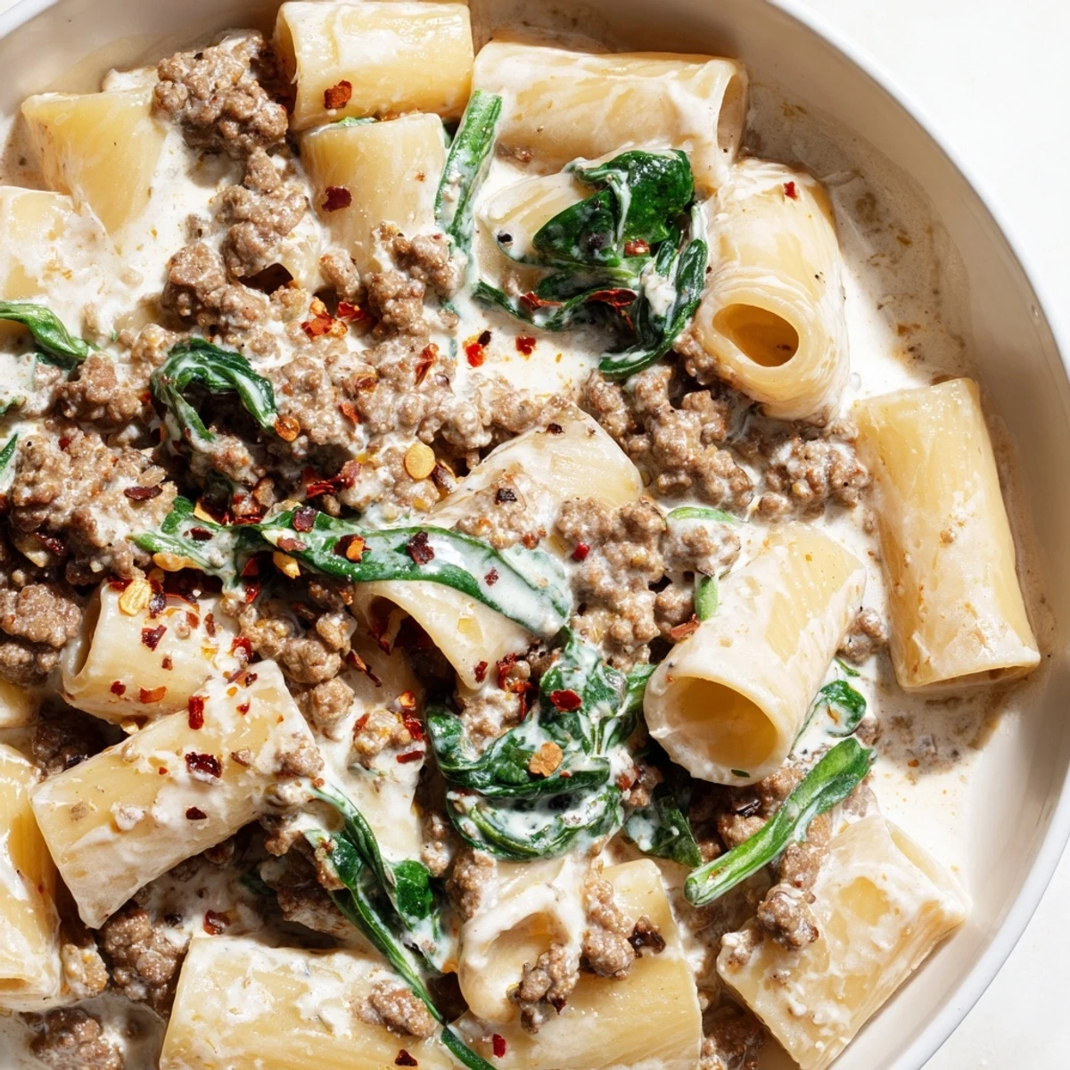 Tender ground beef and spinach coated in rich creamy sauce over high protein pasta