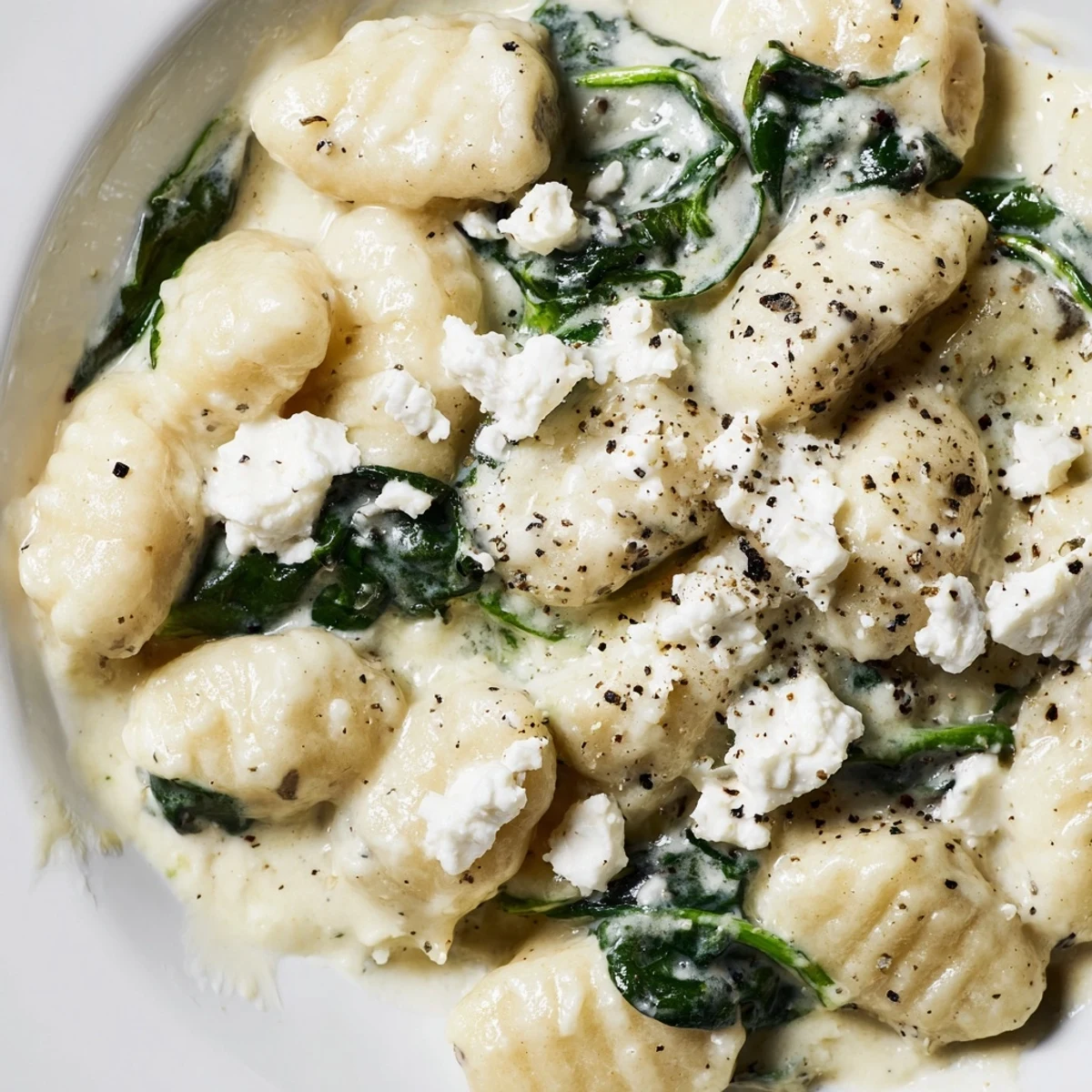 Creamy gnocchi with spinach and feta topped with crumbled cheese in white sauce