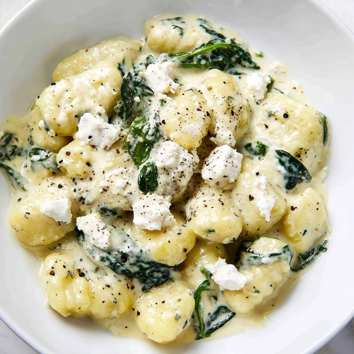 Tender potato gnocchi tossed in rich cream sauce with wilted spinach and feta