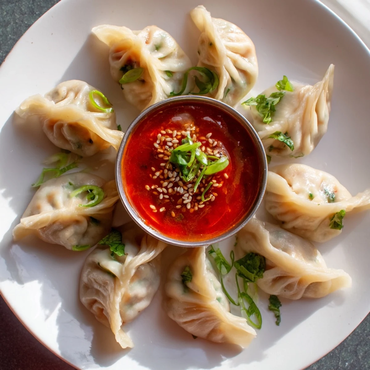 Steamed Nepali momo dumplings arranged on a bamboo tray with spicy tomato dipping sauce