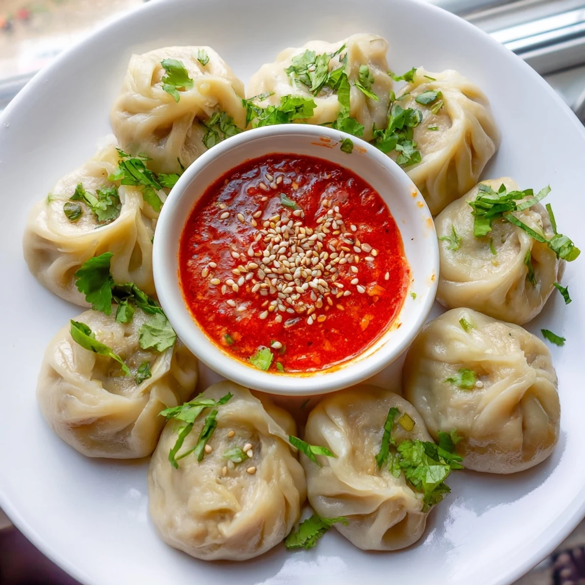 Golden steamer basket filled with freshly made Nepali momo dusted with flour