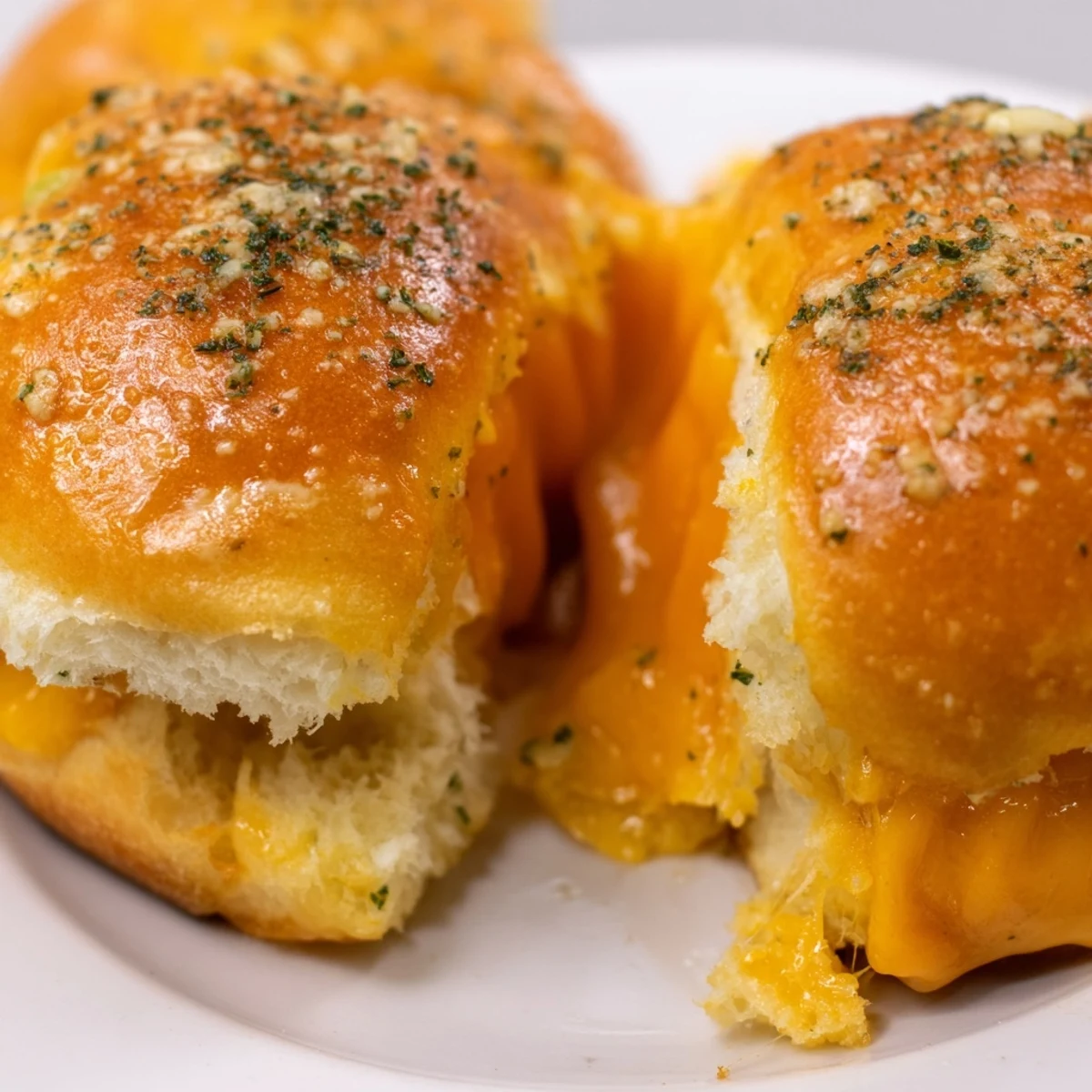 Golden mini grilled cheese Hawaiian rolls with melted cheddar oozing from sweet buttery buns