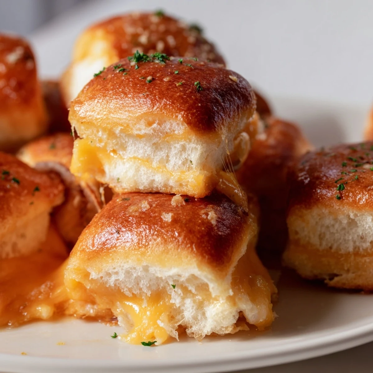Crispy topped mini grilled cheese Hawaiian rolls arranged on parchment with bubbling cheese