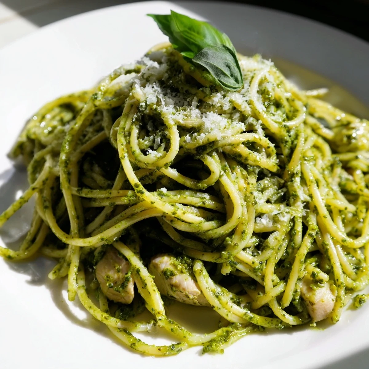 Creamy light pesto pasta with chicken tossed in fresh basil pesto sauce