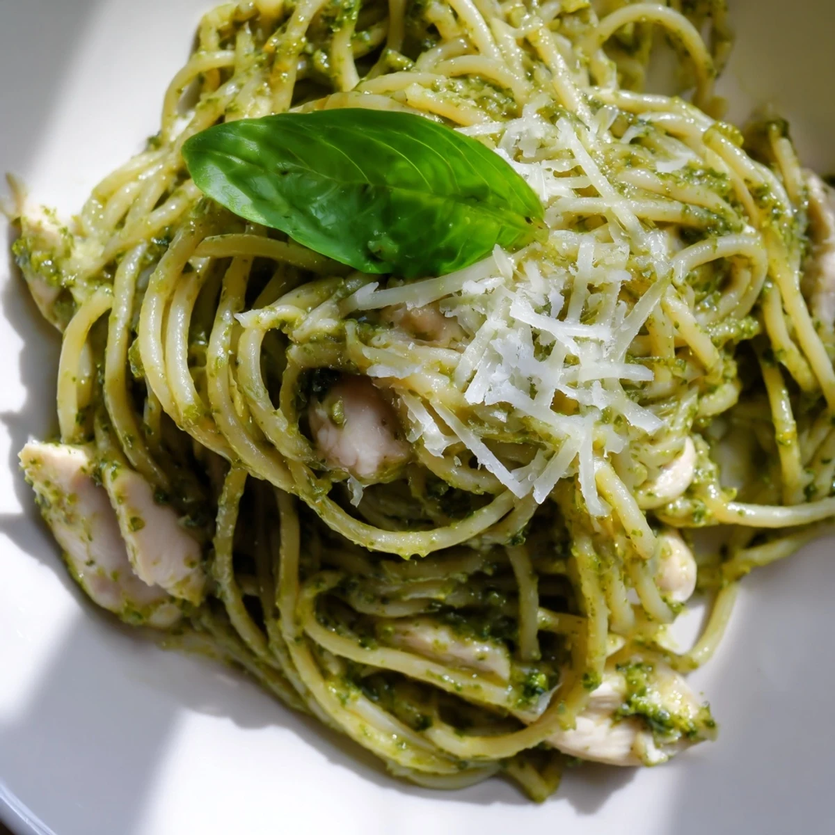 Golden seared chicken pieces over light pesto pasta with cherry tomatoes