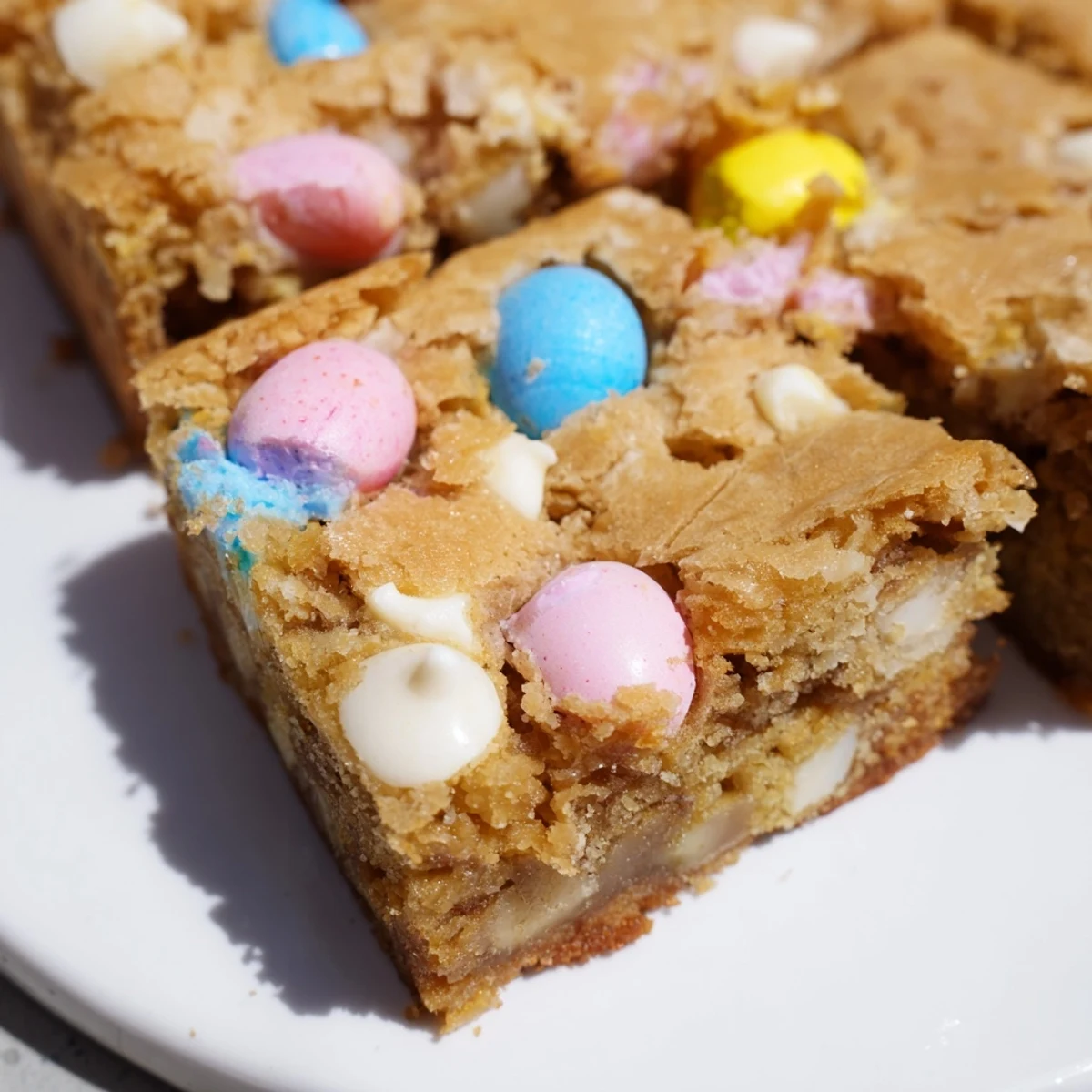 Golden Mini Cadbury Easter Egg blondies with colorful candy pieces scattered on top