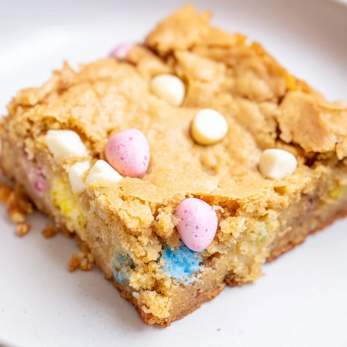 Chewy Mini Cadbury Easter Egg blondies cut into squares with white chocolate chunks