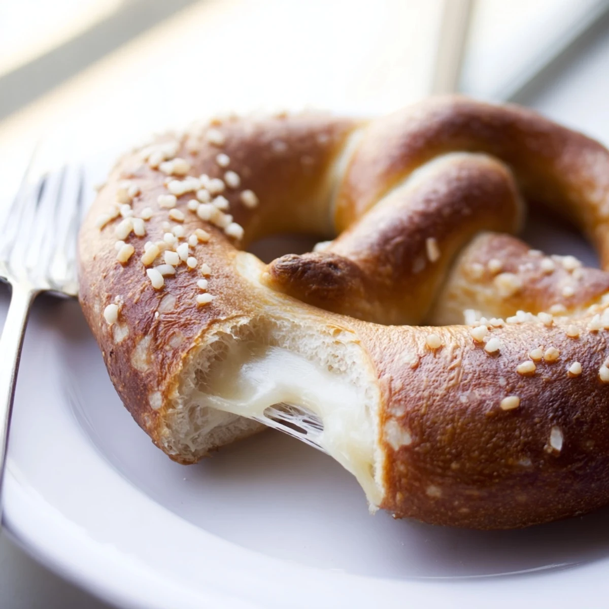 Golden brown mozzarella stuffed soft pretzels with coarse salt sprinkled on top served warm
