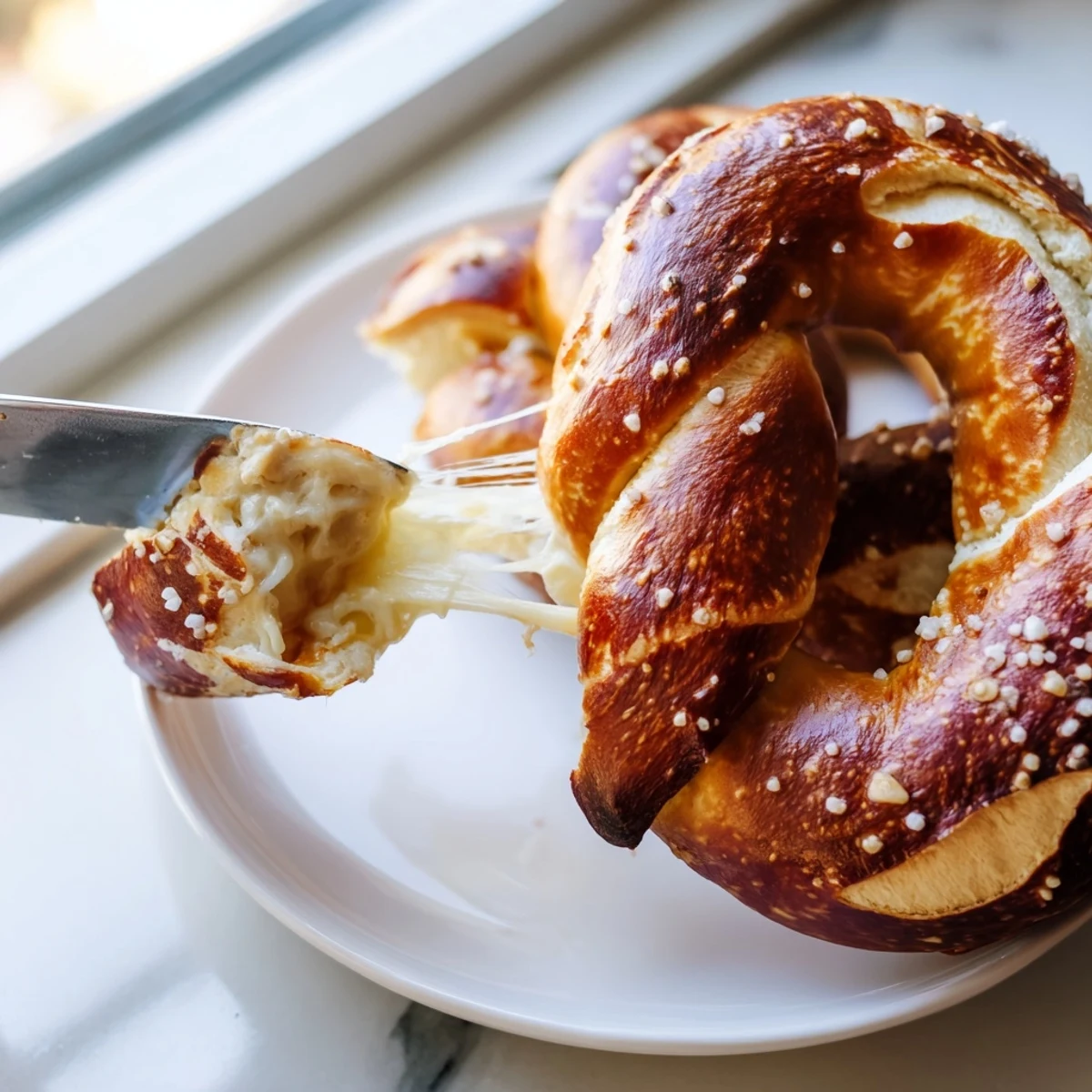 Oozy melted cheese peeking from homemade mozzarella stuffed soft pretzels arranged on parchment paper