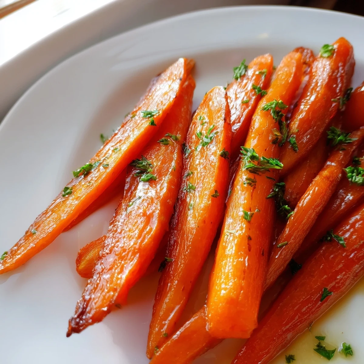 Golden honey roasted carrots tossed with fresh thyme on a parchment-lined baking sheet