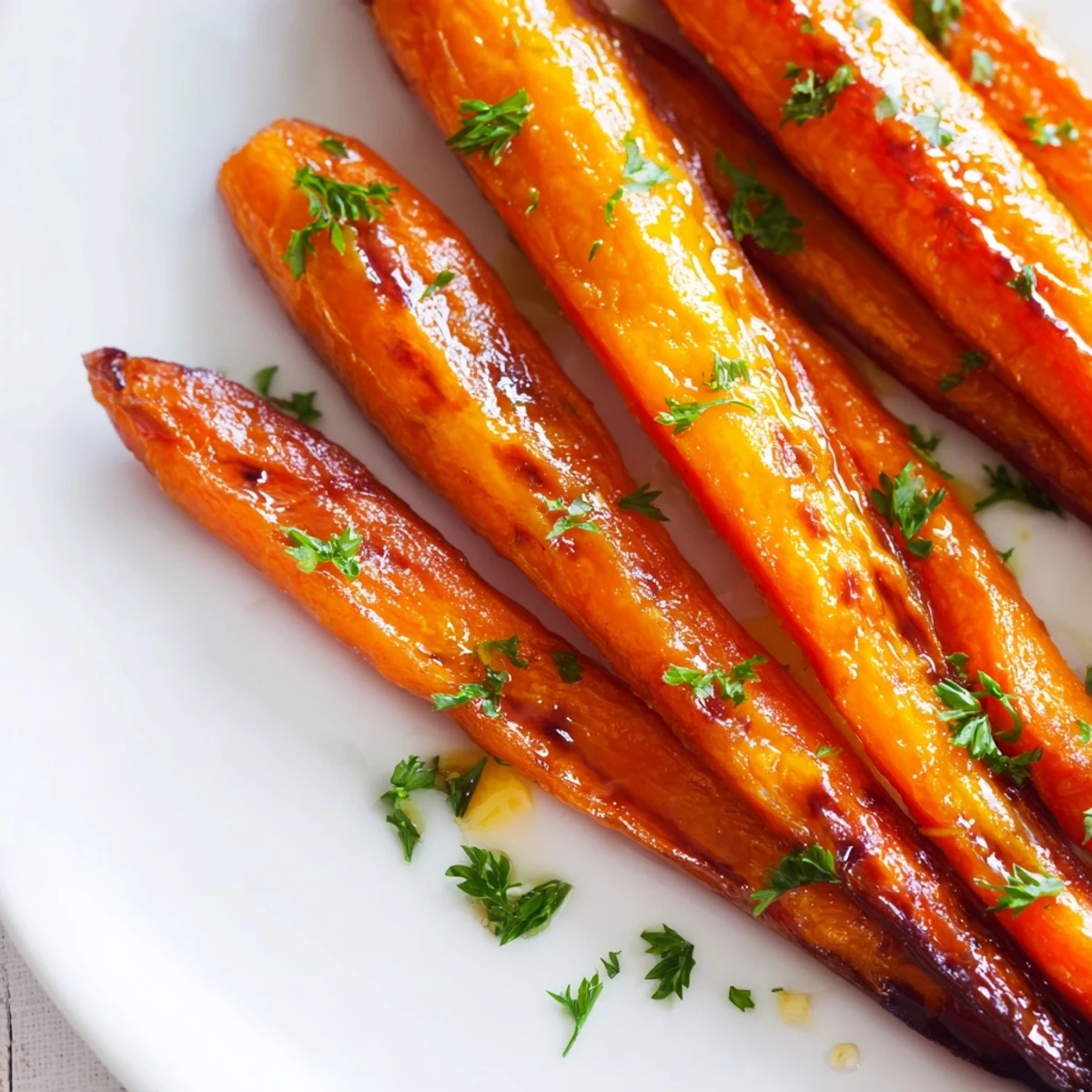 Glistening honey roasted carrots with caramelized edges served on a rustic white platter