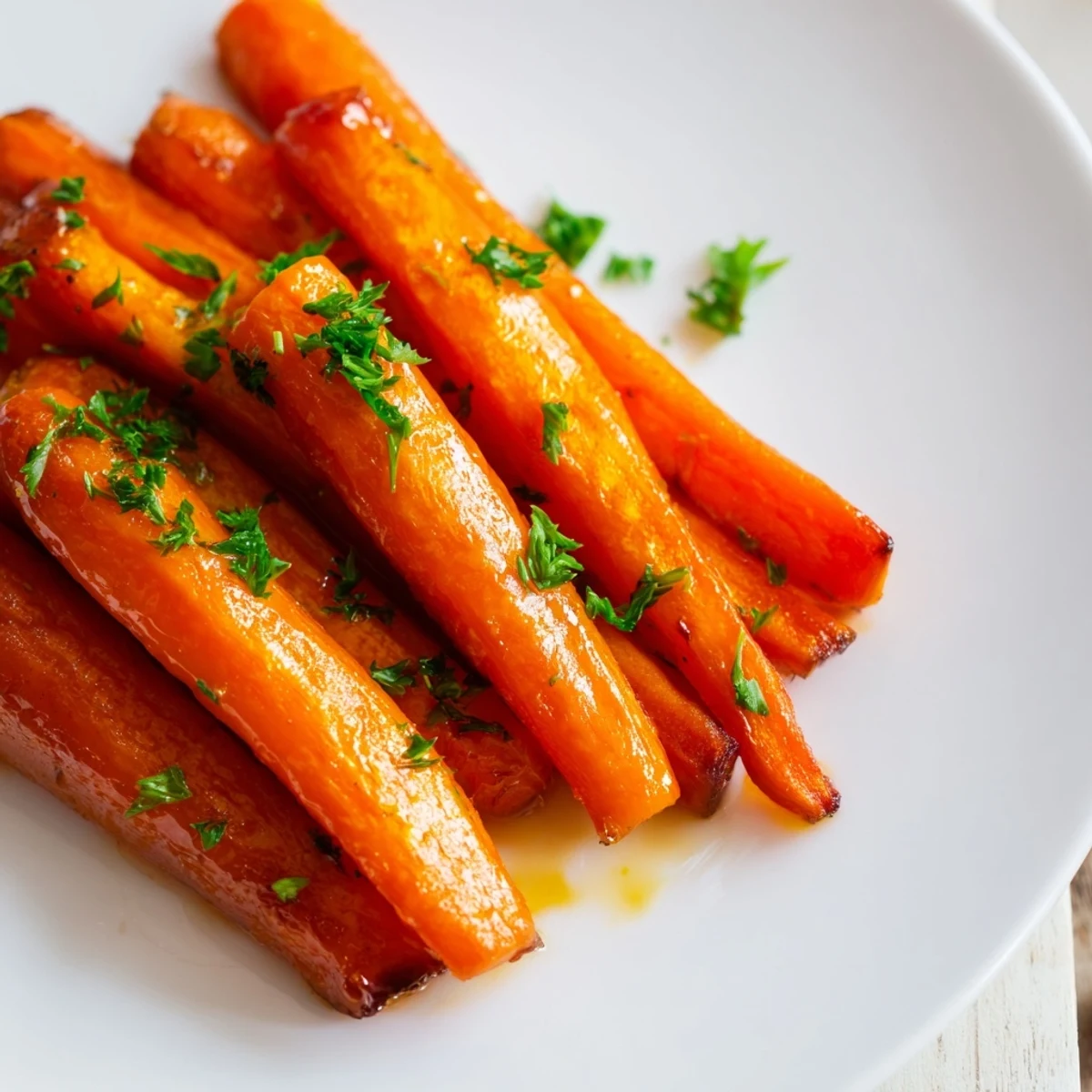 Tender honey roasted carrots drizzled with sticky glaze and garnished with chopped parsley