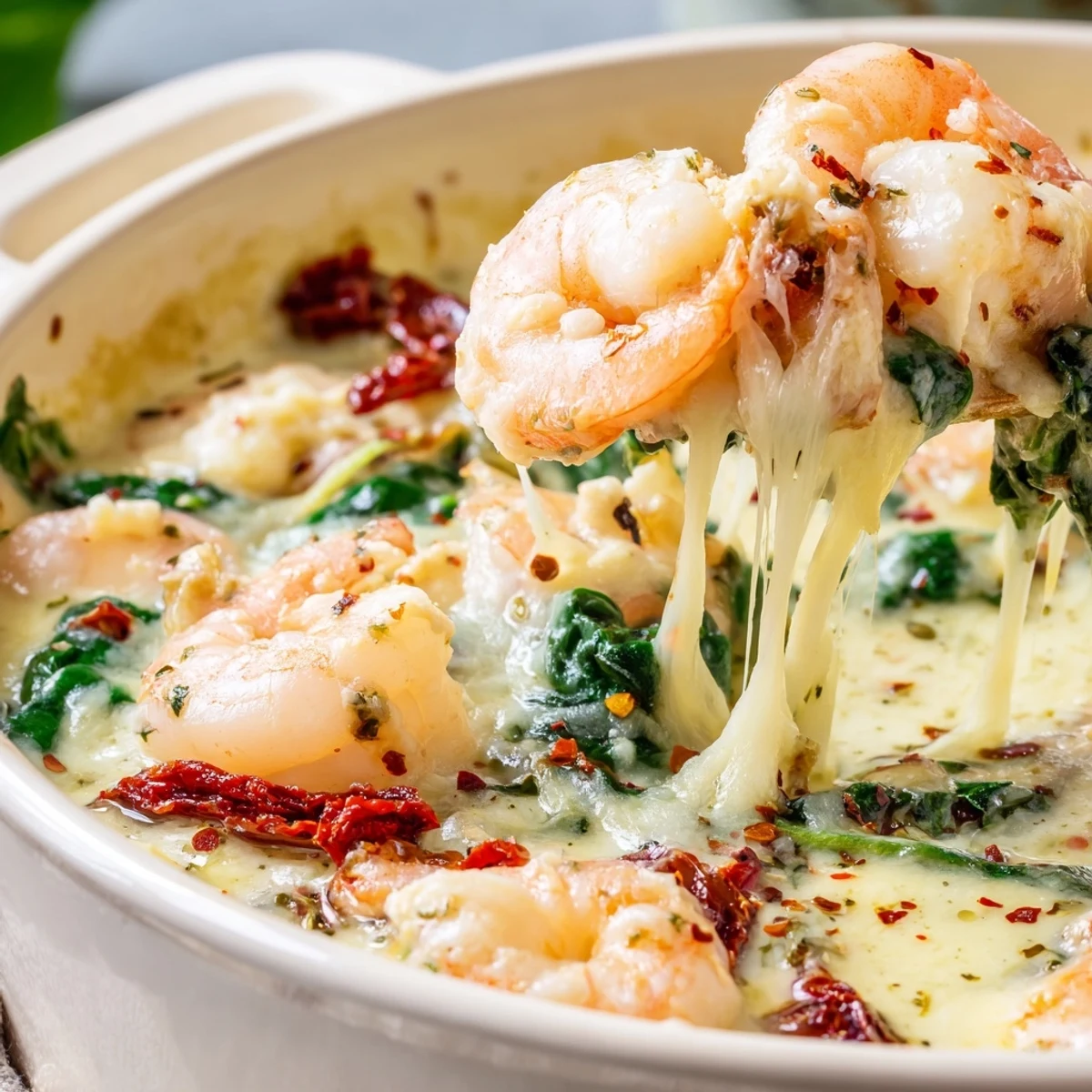 Golden Low Carb Shrimp Tuscan Bake with bubbling mozzarella and vibrant spinach in creamy sauce