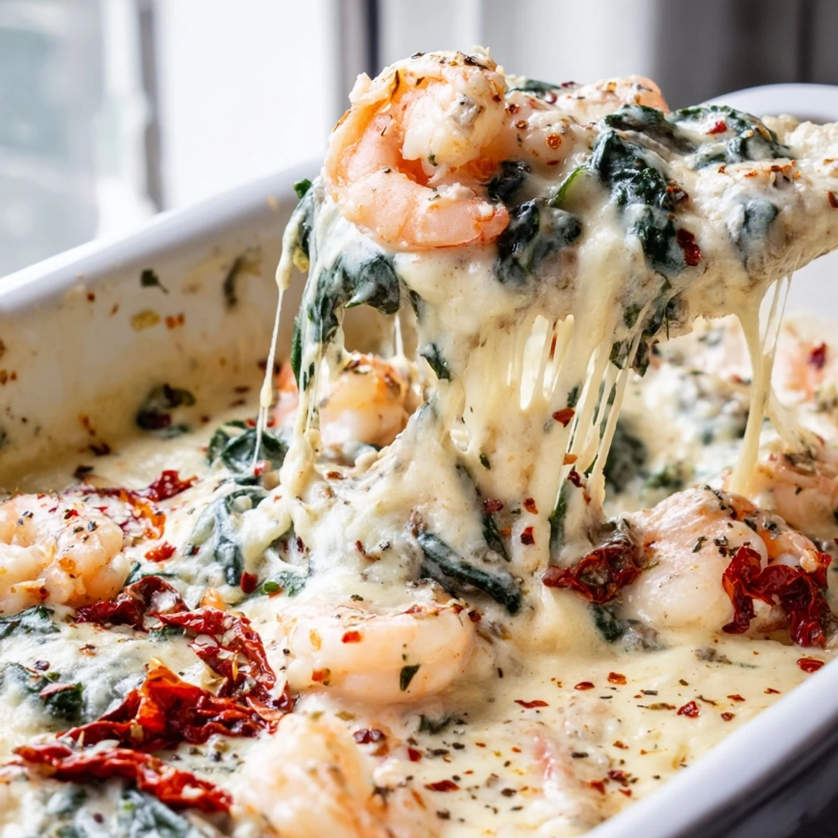 Creamy Low Carb Shrimp Tuscan Bake topped with melted cheese and sun-dried tomatoes
