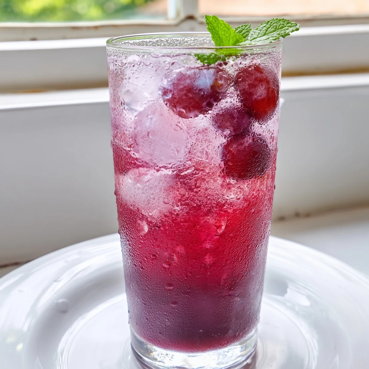 Pitcher of Grape Agua Fresca served over ice with fresh mint garnish on a sunny patio