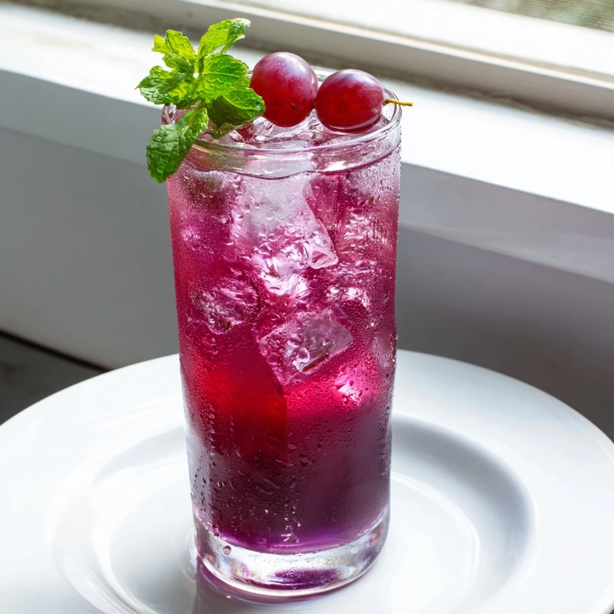 Vibrant purple Grape Agua Fresca in a tall glass with lime wedges and grape garnish