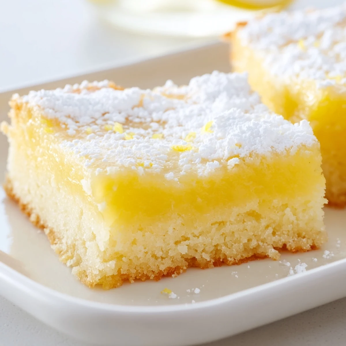 Golden lemon gooey butter cake squares dusted with powdered sugar on a rustic baking dish