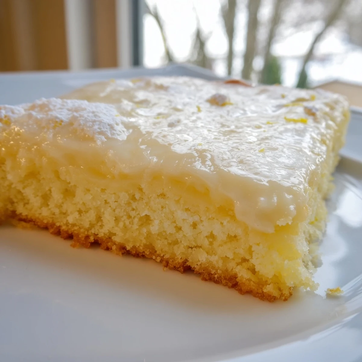 Creamy lemon gooey butter cake with a golden crust topped with fresh summer berries