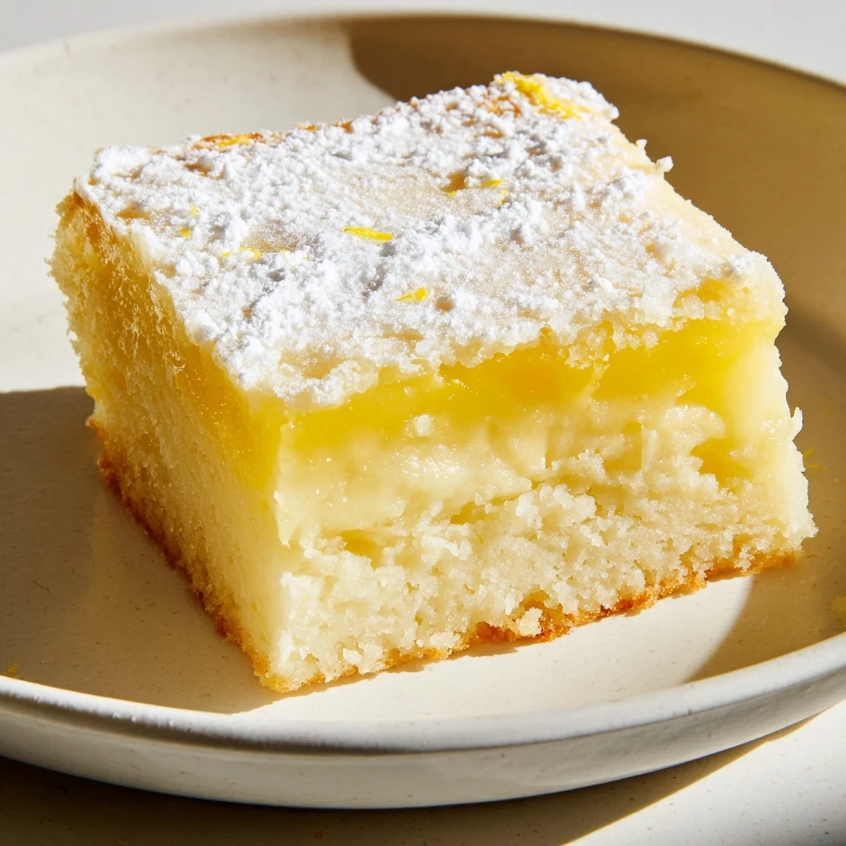 Warm slice of lemon gooey butter cake served on a plate with whipped cream