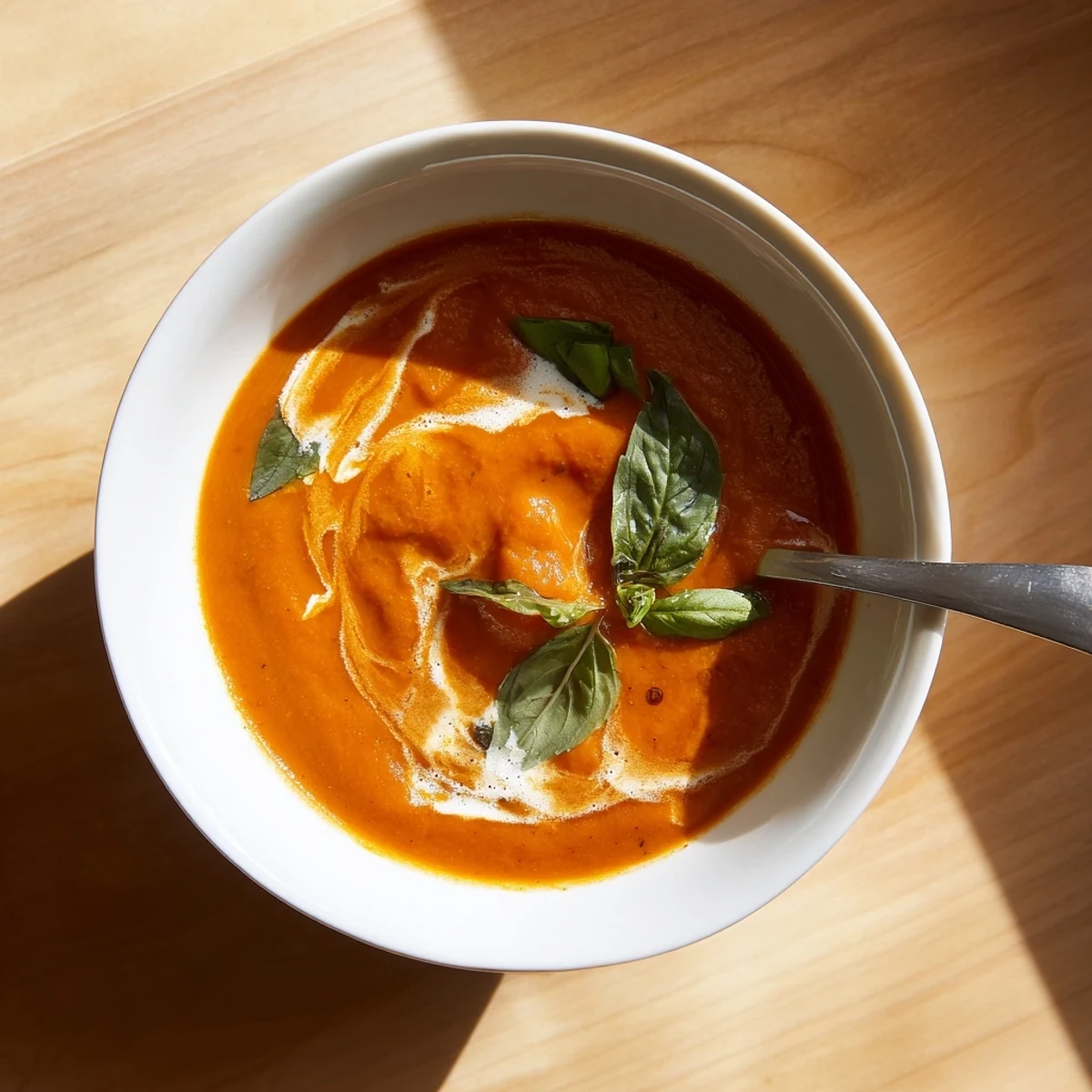 Smoky fire roasted tomato soup in a white bowl with fresh basil garnish