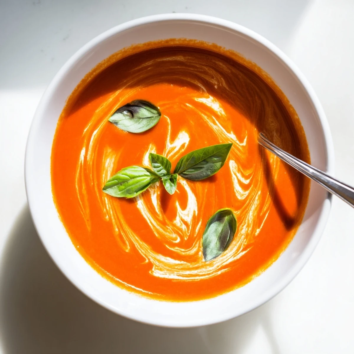 Creamy fire roasted tomato soup ladled into rustic ceramic bowls on wooden table