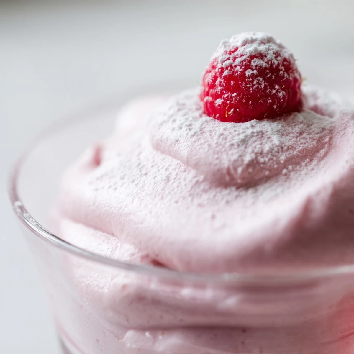 Fluffy raspberry cloud mousse in elegant glasses topped with fresh berries and mint leaves